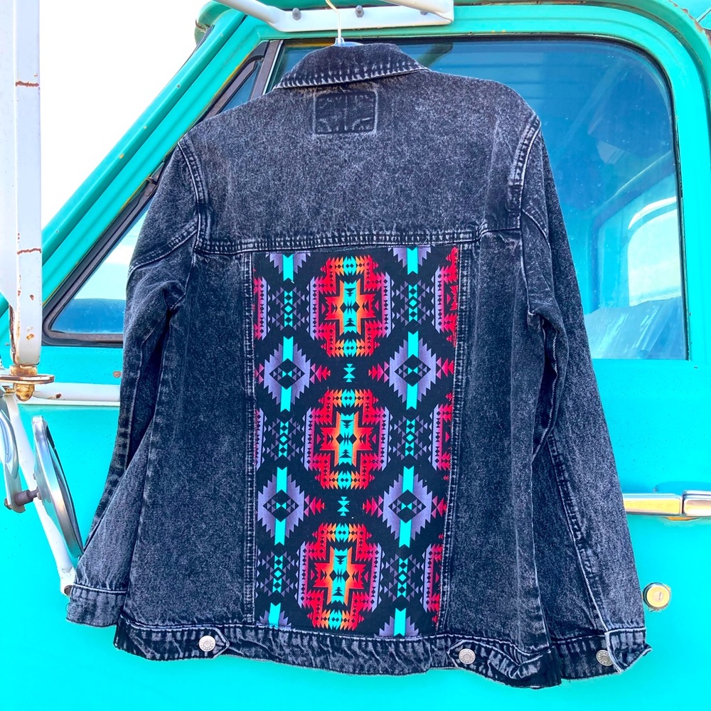 Acid washed black denim jacket! Upcycled with a southwestern touch